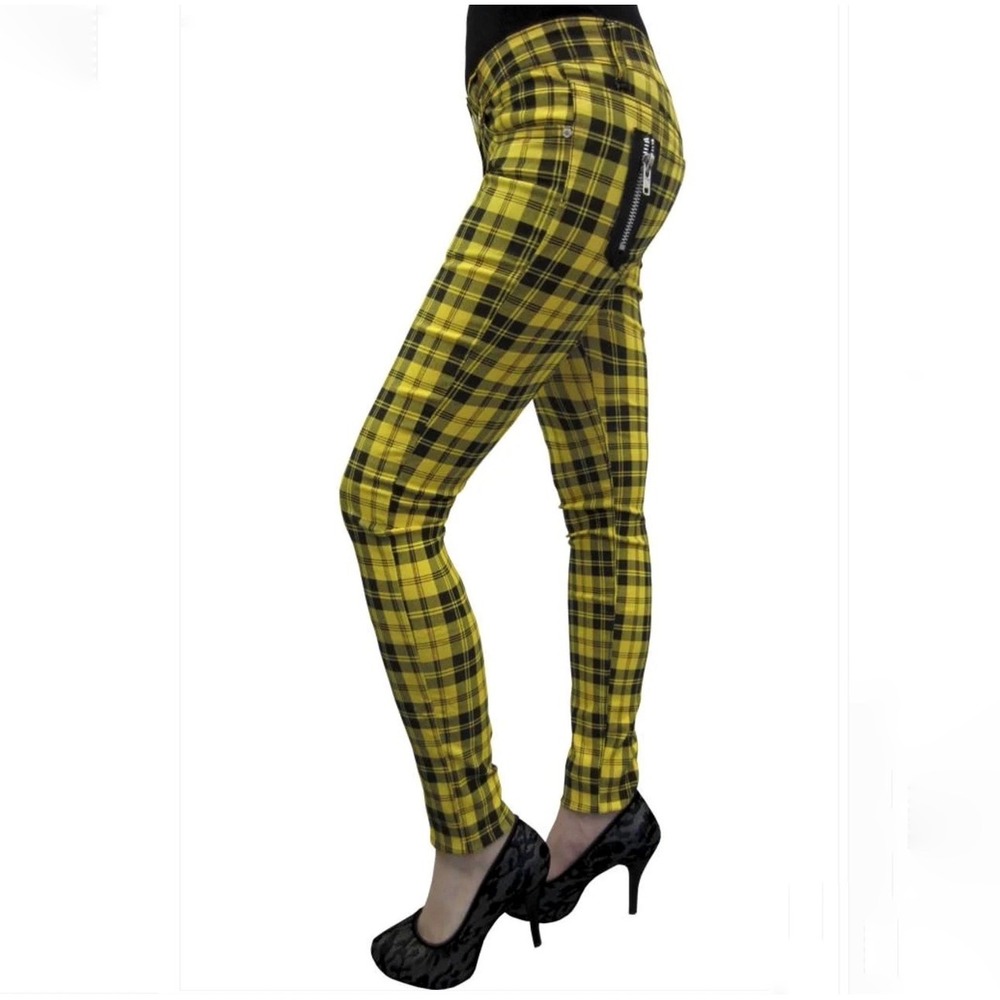 Banned Apparel Yellow Black Plaid Skinny Pants D-Ring Punk TBN405 Sz Large